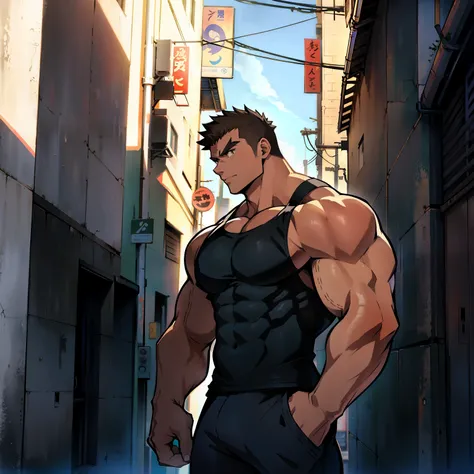 ((Anime style art)), Extremely muscular masculine character, bodybuilder body, wearing a sleeveless V-neck shirt, hands raised at neck level, The character is leaning against a wall. Pockets, Futuristic cityscape, Busy route, Buildings, person
AS & Vehicle...