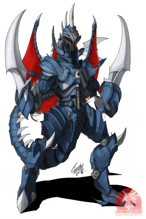 a close up of a cartoon of a dragon with a sword, guyver style, greek god in mecha style, dragon cyborg, guyver dark hero, sharp robot dragon claws, guyver, robot dragon claws, male robotic anthro dragon, alien space knight, inspired by Rob Liefeld, slifer...