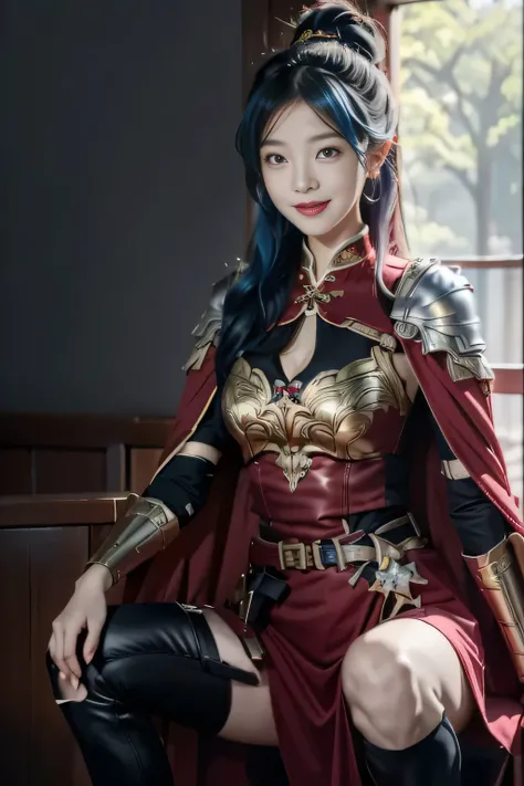 Chinese female general Hua Mulan，Saffron Hu suit lining，Detail the eyes，Crimson cape，Gold metal breastplate，silver helmet，battlefield background，majestic，Smile（open mouth）（The corners of the mouth are raised），Leather tunic，Knee armor，Eight clones，red metal...