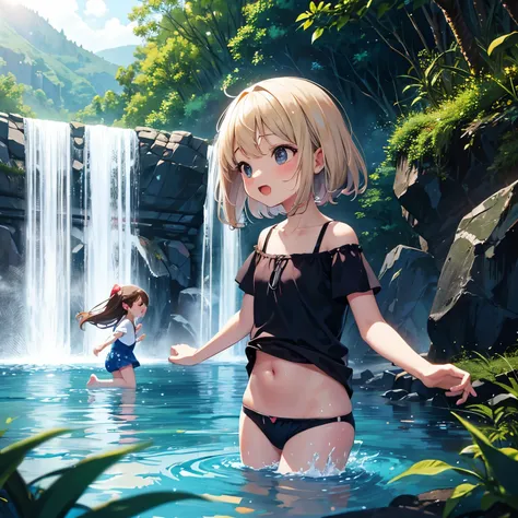 Children, cute, sweet, sexy, playing in the water at the waterfall 