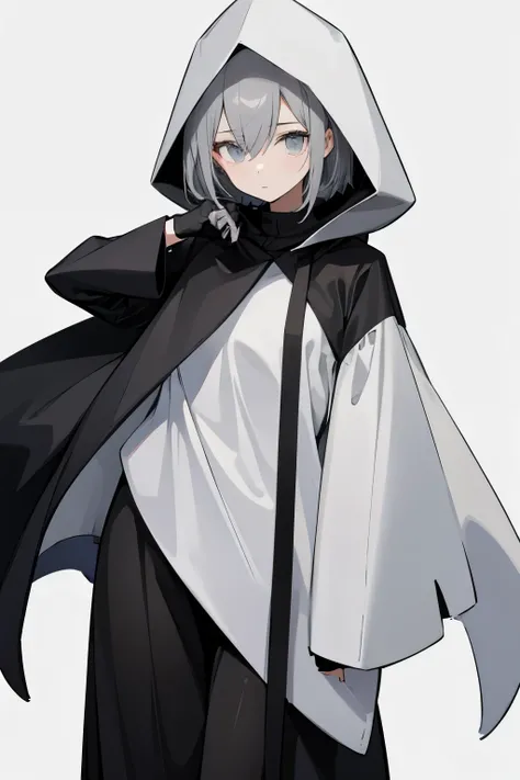 【highest quality】 [1 girl, coat, expressive,, positive, gray hair, Slender beauty,straight hair, short hair , (Gray white background:1.5), No smile,front、one girl in black costume、 darkness、dark、wearing a hood、The collapse of the world