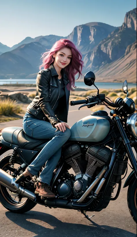 (best quality:1.2, 4K, 8K, highres:1.1), ultra-detailed,
(realistic:1.37, photorealistic:1.38), posing confidently with a motorcycle on an exhilarating road trip,
1 girl,
pink hair flowing in the wind,
beautiful detailed eyes shining with excitement,
beaut...