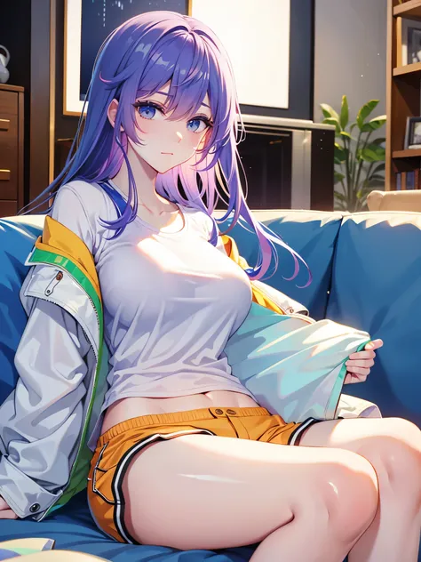 Tang Wutong, big breast, wearing a jacket and white t-shirt and cotton shorts, sitting in the living room, home
