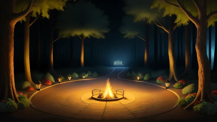 night dark, no moon, fire pit in center, forest, shadows in distance, wood poles, gaslight village, dirt path, dark