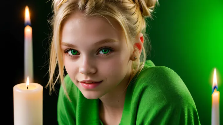 kids girl vampire blonde hair bun green clothes. and candles, green light candles., green background banished of sin