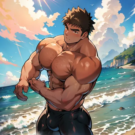 ((Anime style art)), Extremely muscular male character, bodybuilder body, bulky muscles, bare chest, voluminous pecs, wears a tight swimsuit (Thong), shirtless, topless, 1 man, alone, beach, sunny day, beautiful day, sea, clouds. Anime main character, Nice...