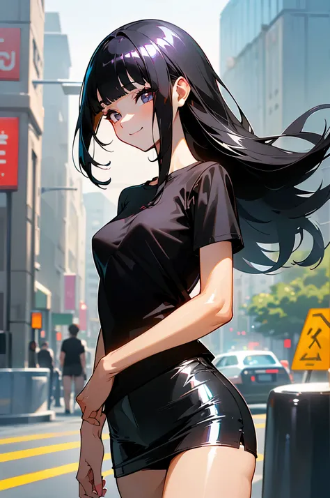 (1woman,solo),cowboy shot,18 year old beauty、black hair,long hair,blunt bangs,black eyes,Detailed beautiful eyes,shy look、smile for the audience,((smaller head:1.3、skinny,medium breasts)),(((Black T-shirt、short skirt,gleaming skin,shiny skin)))、On a date、b...