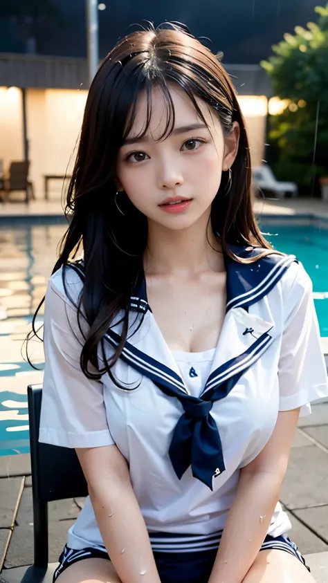 (masterpiece, highest quality:1.2), 8K, official art, RAW photo, incredibly absurd, (whole body, sailor suit:1.4), beautiful girl, 18-year-old、cute face, arch back, navy pleated skirt, close, , short sleeve, gardenia, violaces, pool、sit on a chair、looking ...