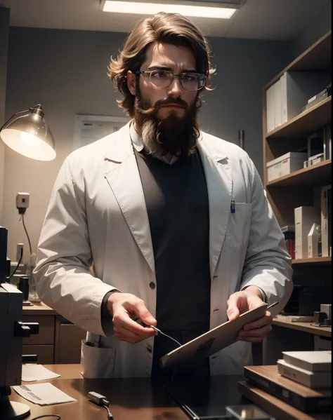 In the best quality image, a young scientist with a beard is captivated by the mysteries of the universe, working in a state-of-the-art laboratory. The scene is rendered in 4k, 8k, or high-resolution with a masterpiece level of detail (1.2). The Scientists...