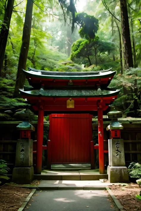 A shrine in the deep forest、Faded red torii gate、Mossy approach、dim、mysterious