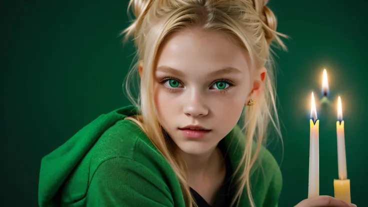 KIDS GIRL vampire blonde HAIR BUN green clothes. and candles, green light candles., GREEN BACKGROUND banished of sin