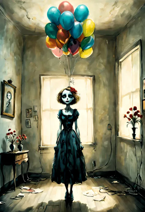 A woman stand in the room with flower and ballons, art by Tim Burton
