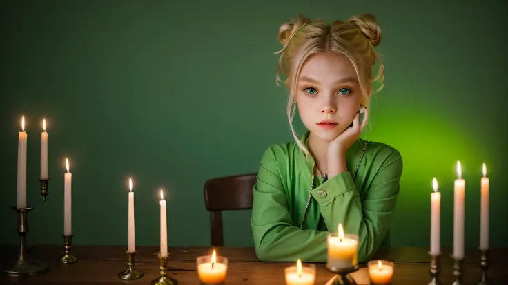 kids girl vampire blonde hair bun green clothes. and candles, green light candles., green background banished of sin