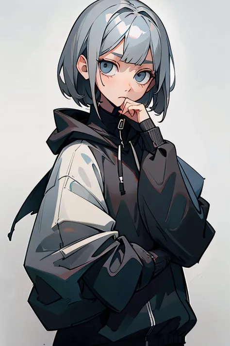 【highest quality】 [1 girl, positive, gray hair, Slender beauty,straight hair, short hair , (Gray white background:1.5), No smile,front、girl in black hoodie、 darkness、dark、bust shot、Empty-handed、simple、No background、Attach nothing、have nothing、put down hand...