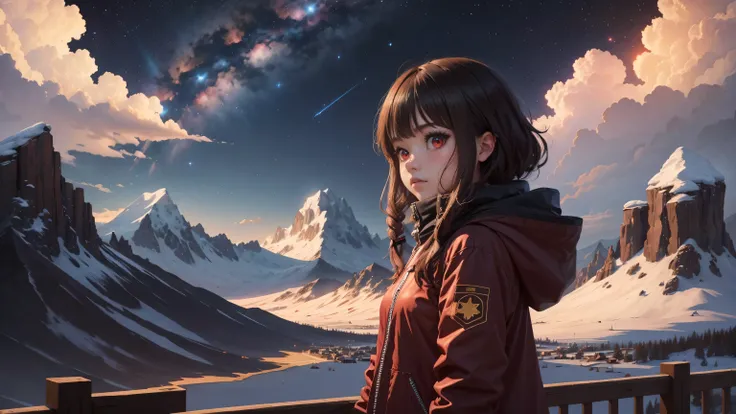 4K, 1girl, Megumin, Red eyes, dark hair, ropa de invierno, ropa oscura Invierno, Background Mountains, cielo estrellado, cielo estrellado y con nubes, atardecer, anochecer, Nieve