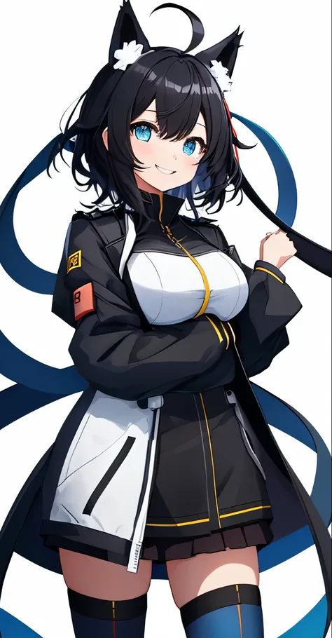 whole body,((((upright)))), ((((arm to the side)))), looking at the viewer, simple background、white background, 1 girl, open your mouth, smile, Virtual YouTuber、with a girl、((highest quality, expensive_solve, clear_image)),(black hair), (black cat ears), (...