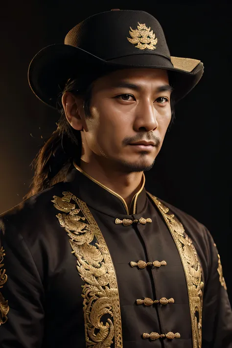 Chinese emperor, black hat, no beard, about 30 years old, face relatively large, brown silk solid color simple official uniform, thin color dragon texture embroidered with openwork embroidery on the clothes, realistic face close-up, character photography, ...