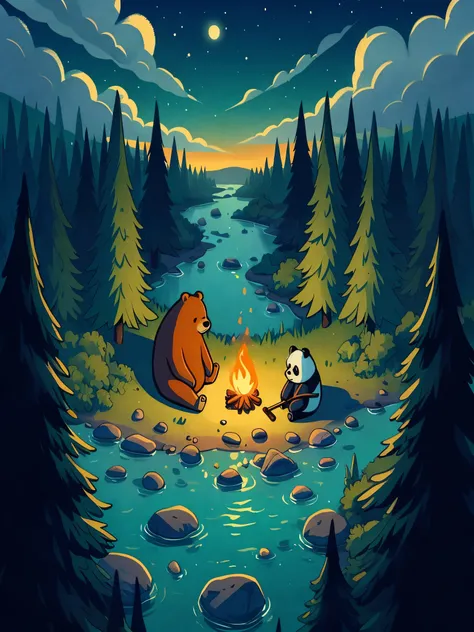 Draw a tintin style anime aerial simple art of a brown bear polar bear and panda enjoying bonfire near flowing river, night, pine trees, stones in water, greenery, dim light, clouds, beautiful sky, beautiful color palette,