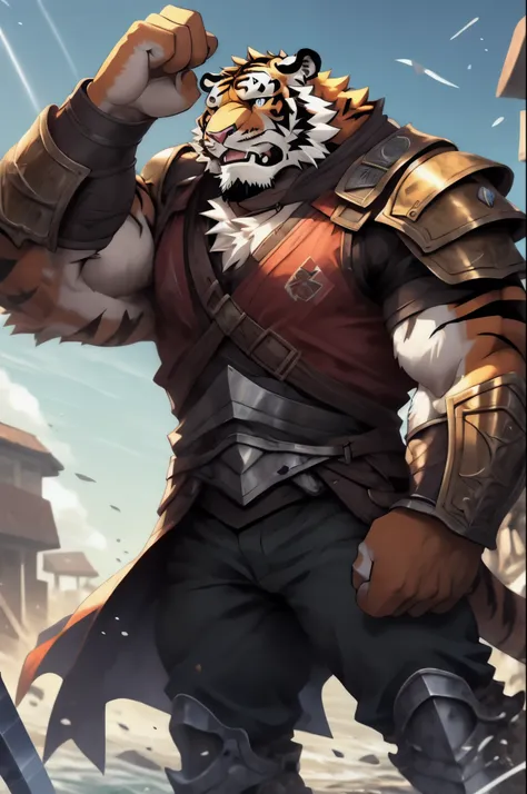 a burly one, furry tiger，rich chest muscles，full body portrait,wearing armor,sword on waist,shoulders with pauldrons,there are a...