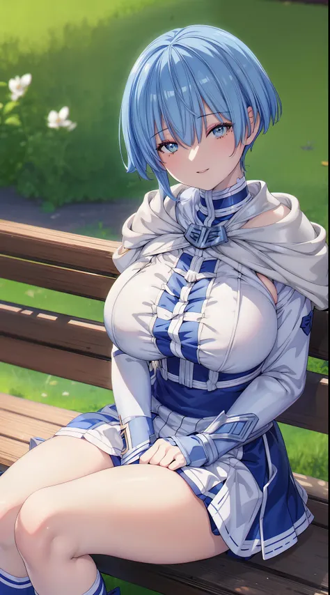  (Beautiful, Huge_Breasts), very short skirt, himmel_sousou_no_frieren, blue hair, blue eyes

anime girl sitting on a bench,

looking at viewer, in the center of the image, 

HD texture, 4k, perfect light, perfect component, perfect colour, perfect anime
