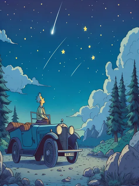 Draw a tintin style anime aerial simple art of Mr Simpson sitting on his vintage car looking at stars, granite rocks, shooting star, night, pine trees, greenery, dim light, clouds, beautiful sky, beautiful color palette,