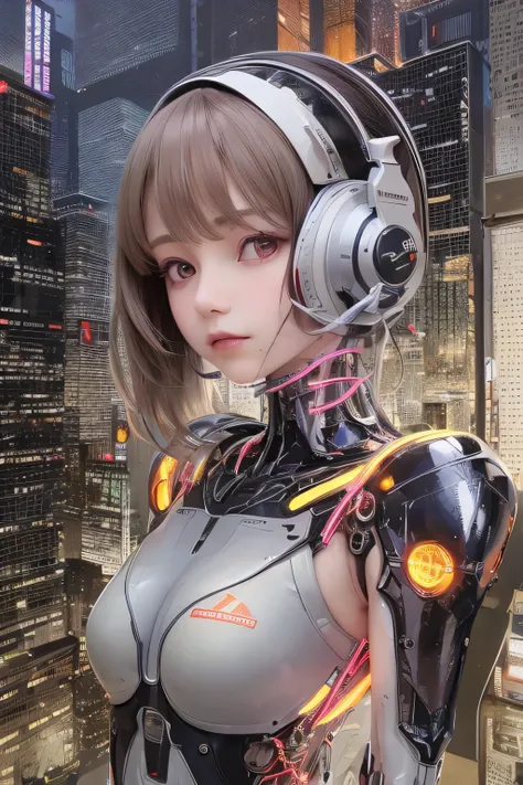 Top quality, masterpiece, ultra high resolution, (photorealistic: 1.4), raw photo, futuristic town perspective, futuristic skyscrapers, 12 year old girl standing on a futuristic street corner, black hair, shiny skin, 1 Gundam girl, (((ultra-realistic detai...