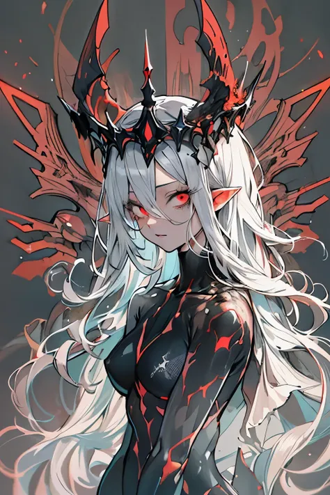 masterpiece, best quality, ultra-detailed, absurdres, colorful, 1girl, solo, (solid red eyes:1.0), (white hair, long hair, straight hair, hair over one eye:1.0), detailed eyes, wide-eyed, eyelashes, (upper body:0.8), monster girl, side view, glowing eyes, ...