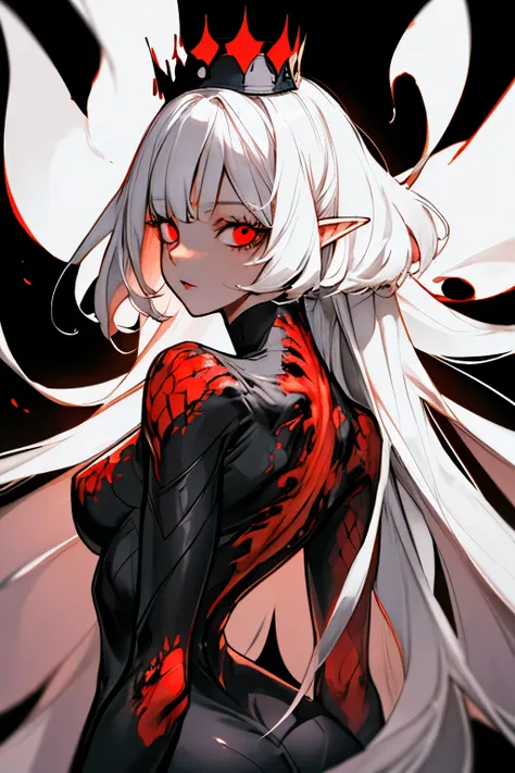 masterpiece, best quality, ultra-detailed, absurdres, colorful, 1girl, solo, (solid red eyes:1.0), (white hair, long hair, straight hair, hair over one eye:1.0), detailed eyes, wide-eyed, eyelashes, (upper body:0.8), monster girl, side view, glowing eyes, ...