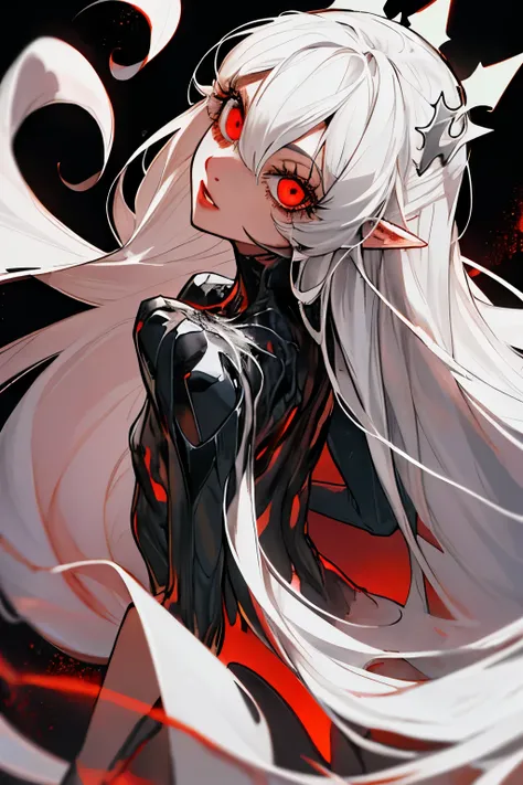 masterpiece, best quality, ultra-detailed, absurdres, colorful, 1girl, solo, (solid red eyes:1.0), (white hair, long hair, straight hair, hair over one eye:1.0), detailed eyes, wide-eyed, eyelashes, (upper body:0.8), monster girl, side view, glowing eyes, ...