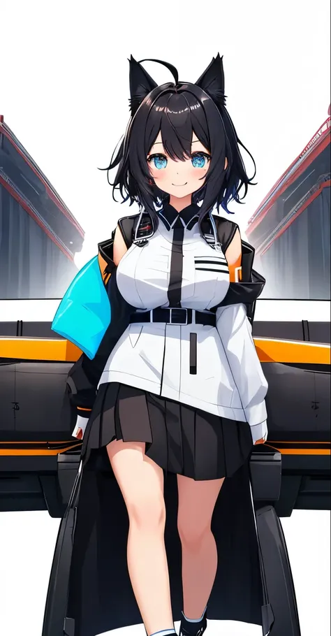 on lap((((upright)))), ((((arm to the side)))), looking at the viewer, simple background、white background, 1 girl, open your mouth, smile, Virtual YouTuber、with a girl、((highest quality, expensive_solve, clear_image)),(black hair), (black cat ears), (Ahoge...