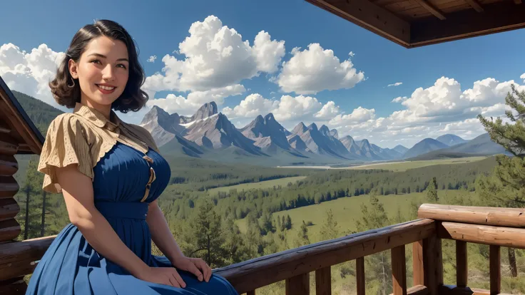 1940s poster, wood cabin, intricate detail, small mountains in distance, blue skies, light clouds, choctaw woman sitting on front porch of cabin, gorgeous face, wide hips, round belly, vintage clothing, smiling