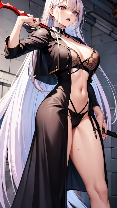 1 milf, long white hair, wearing a bra covered by a black robe, holding a sickle, angry