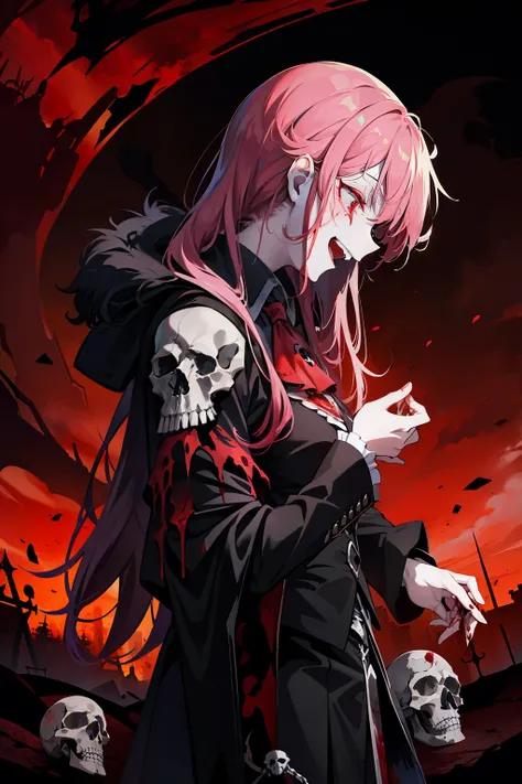 Death, despair, maiden, laughter, bloodstain, skull, crimson sky, ominous, destruction, desolation