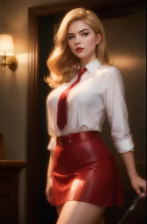 Masterpiece, Kate Upton:Agent Carter:1.0, alluring, confident gaze, (blond hair:0.8), red lips, sleek hairstyle, (fit body:1.2), (short skirt and shirt:1.1), (high collared shirt:1.1), movie set background, (vibrant colors:1.2), HDR, ultra high definition,...