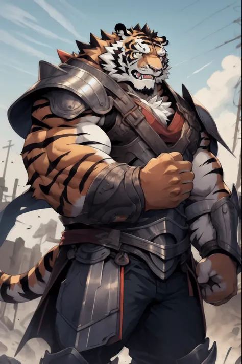 a burly one, furry tiger，rich chest muscles，full body portrait,wearing armor,(sword on waist),shoulders with pauldrons,there are...