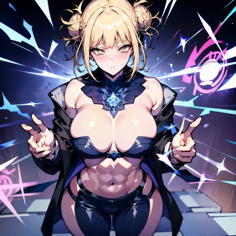 great quality, (1 women), very focused face, himiko toga, diamond face, perfect eyes, (standing), (wearing mage robe), mage robe, magic, (casting), blonde pony tail, strong shadows, full body, detailed face, (casting spell), blue flashes of light, blue spa...