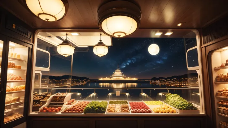 Market on a spaceship, Decorated with trees inside the ship, Outside the window, there were bright stars, Saturn and Jupiter, clearly nearby and very large.