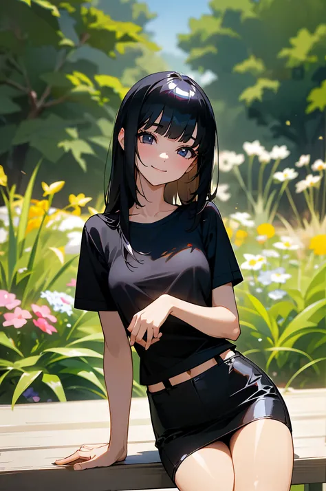 (1woman,solo),cowboy shot,20 year old beauty、black hair,long hair,blunt bangs,black eyes,Detailed beautiful eyes,shy look、smile for the audience,((smaller head:1.3、skinny,medium breasts)),(((Black T-shirt、short skirt,gleaming skin,shiny skin)))、sitting,ben...