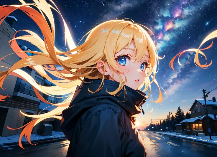 best quality, masterpiece, kat, winter, from side, wind snow effect, (starry sky:1.1), focus sky, detailed reflex, night, cinematic lighting, caustics, (wide shot:1.1), detailed cute silhouette girl, dirt road, overlook,