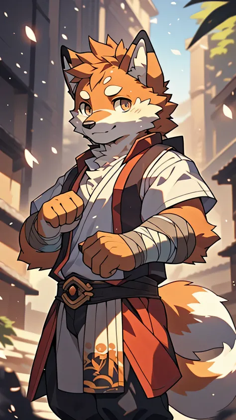 masterpiece,official art,hairy,male,Shota,Anthropomorphic orange fox,brown face,exquisite eyes,White shirt, depth of field, perfect lighting, light particles,(best quality),(masterpiece),(super detailed),sharp focus,light particles, Hand bandages