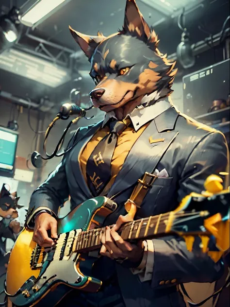 (suit、tie men)Cartoon of electric guitar instrument player、Anthropomorphic Doberman dog