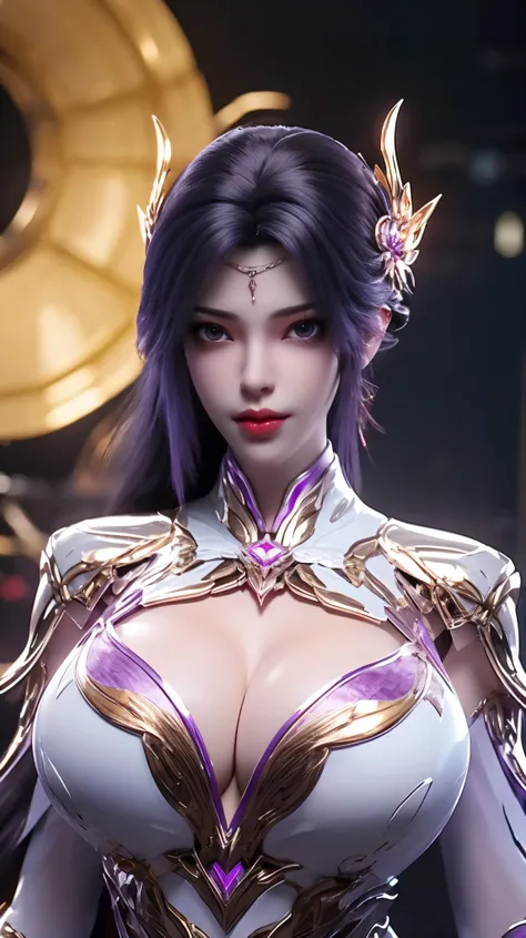 A beauty girl with black hair, 1GIRL, (PHOENIX GOLD HELM),((HUGE FAKE BREASTS,CLEAVAGE:1.5)), (MUSCLE ABS:1.3), ((MECHA GUARD ARMS,DIAMOND CORE IN MECHA:1.1)), (PURPLE MAGENTA SHINY FUTURISTIC MECHA BRA,BLACK SKINTIGHT MECHA SUIT:1.5), (PERFECT THICK BODY,...
