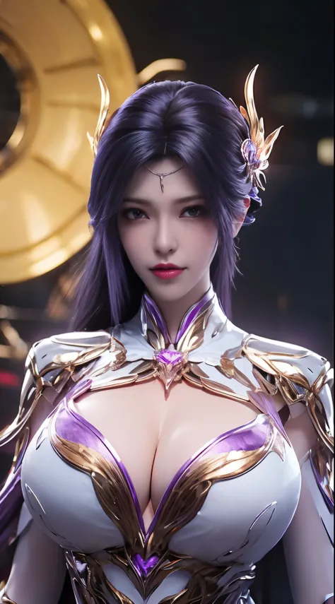 A beauty girl with black hair, 1GIRL, (PHOENIX GOLD HELM),((HUGE FAKE BREASTS,CLEAVAGE:1.5)), (MUSCLE ABS:1.3), ((MECHA GUARD ARMS,DIAMOND CORE IN MECHA:1.1)), (PURPLE MAGENTA SHINY FUTURISTIC MECHA BRA,BLACK SKINTIGHT MECHA SUIT:1.5), (PERFECT THICK BODY,...