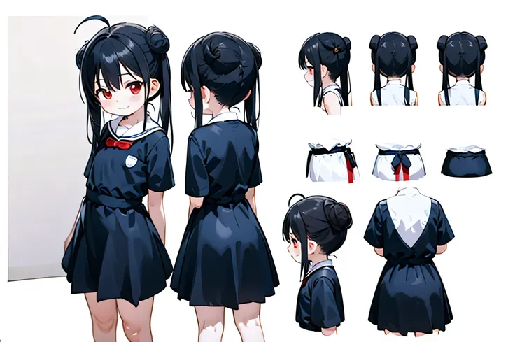 cute girl, very long black hair tied into twintails, double buns, red eyes, ahoge, cute street clothes, reference sheet, front view, side, view, back view, pale skin, consistant, smile, plain background 