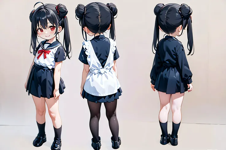 cute girl, very long black hair tied into twintails, double buns, red eyes, ahoge, cute street clothes, reference sheet, front view, side, view, back view, pale skin, consistant, smile, plain background 