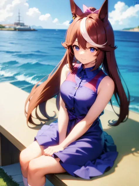 top-quality、Full limbs、complete fingers、Slender beauty、straight haired、Brown hair、Deleste、Blue, White and purple idol costume、high socks、Beautiful Large Breasts、Live Stage、Singing、sitting on,tokai_teio_(Uma Musume) Tōkai Teiō,highest quality,table top, mag...