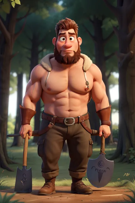 criate a  character usind pixar style. A gentle, muscular giant in the forest 20-years-old wearing viking pants with axe in his hand 



