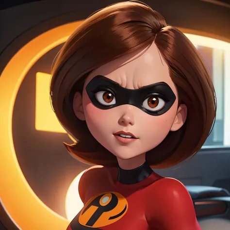 Helen Parr de "The Incredibles", 18 year old woman, Usando un vestido, Cabello corto y color rojo, Brown eyes, Ojos derechos, Sonriendo, muy feliz, Labios llamativos, pintalabios rojo, Mostrar solo el rostro, Foto tipo selfie, Fondo de una fiesta de gala c...