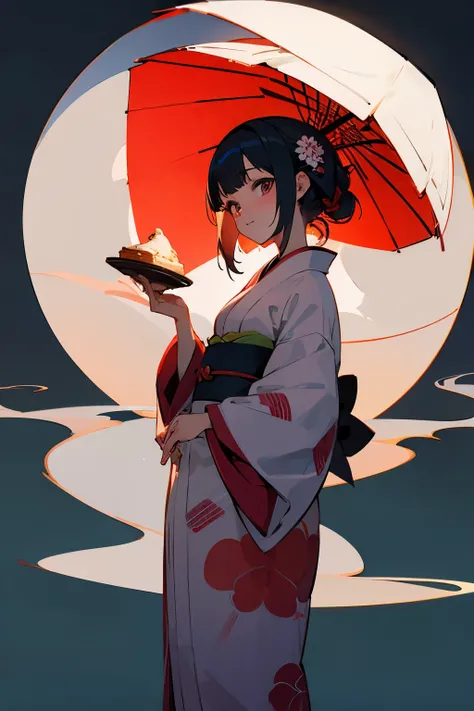 anime japanese girl in kimono holding a pie 