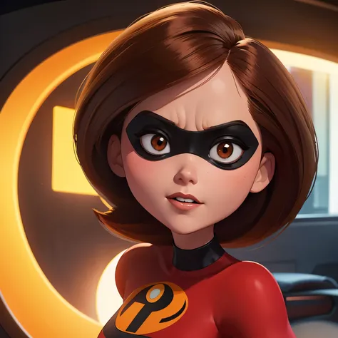 helen parr de "the incredibles", 18 year old woman, usando un vestido, cabello corto y color rojo, brown eyes, ojos derechos, so...